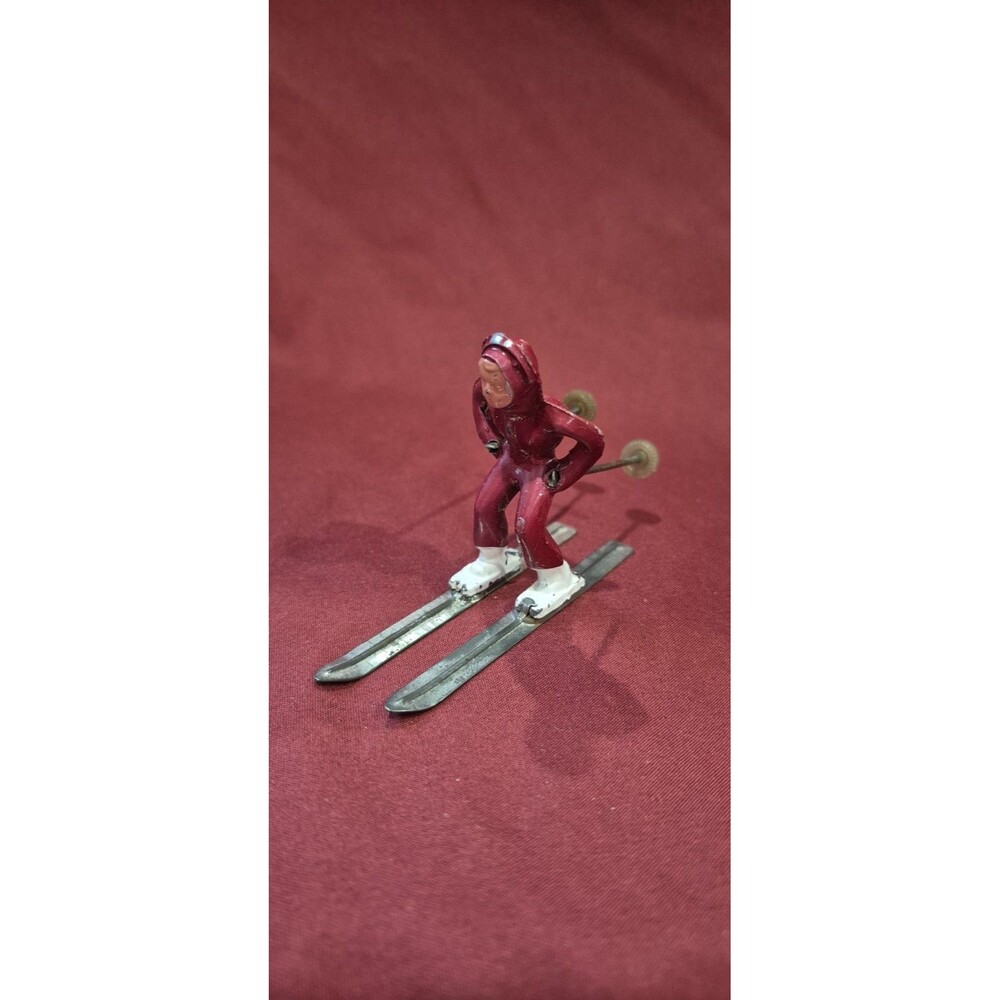 Vintage Barclay Lead Cast Metal Skier Figure Red Ski Suit White Boots Toy 1940s
